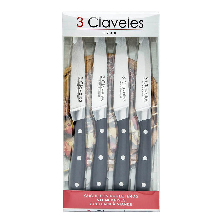 3 Claveles - Set de 4 Cuchillos Chuleteros Profesionales 11.5 cm Acero Inoxidable Mango ABS