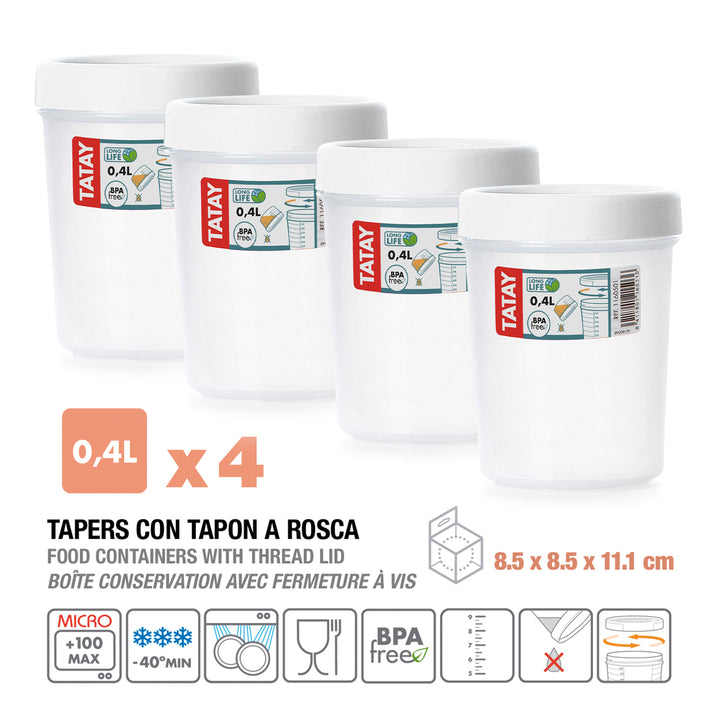 TATAY Twist - Set de 4 Recipientes Redondos 0.4L con Cierre Hermético a Rosca. Blanco