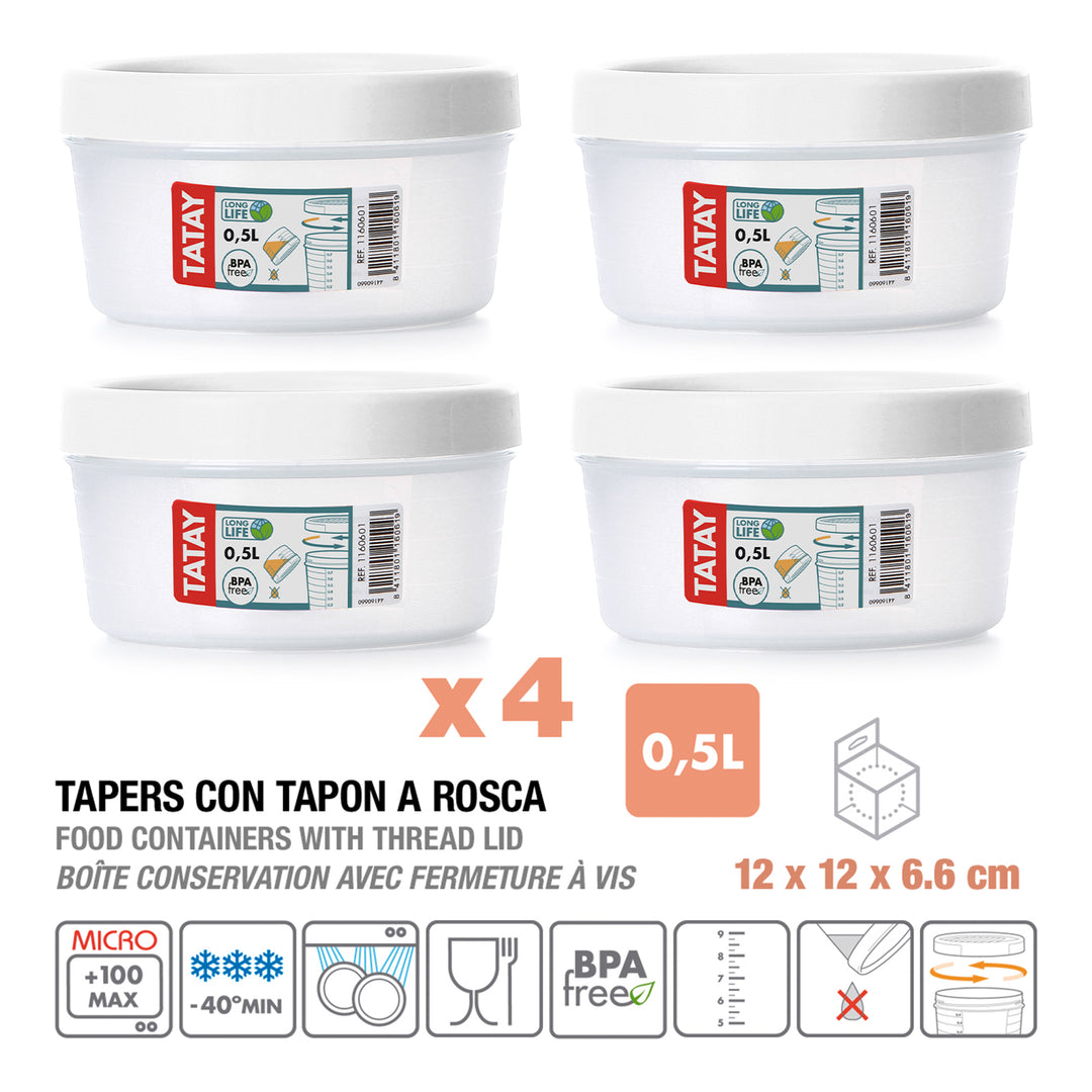 TATAY Twist - Set de 4 Recipientes Redondos 0.5L con Cierre Hermético a Rosca. Blanco