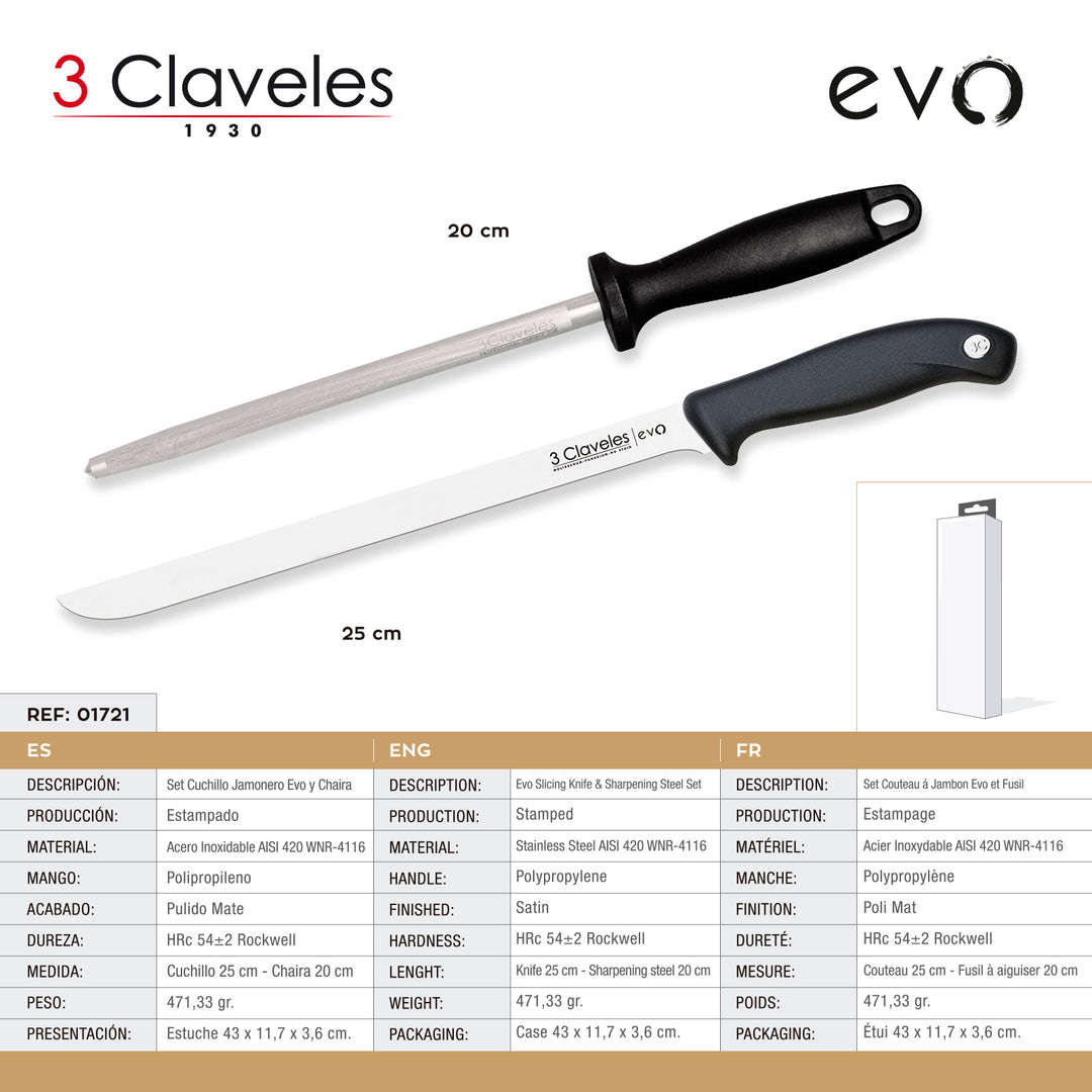 3 Claveles EVO - Set Cuchillo Jamonero de 25 cm Deshuesador de 15 cm y Chaira