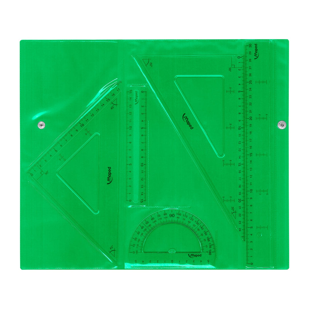 MAPED - Kit de 4 Piezas Escolares Transparentes Technic para Geometría con Bolsa con Cierre. Verde