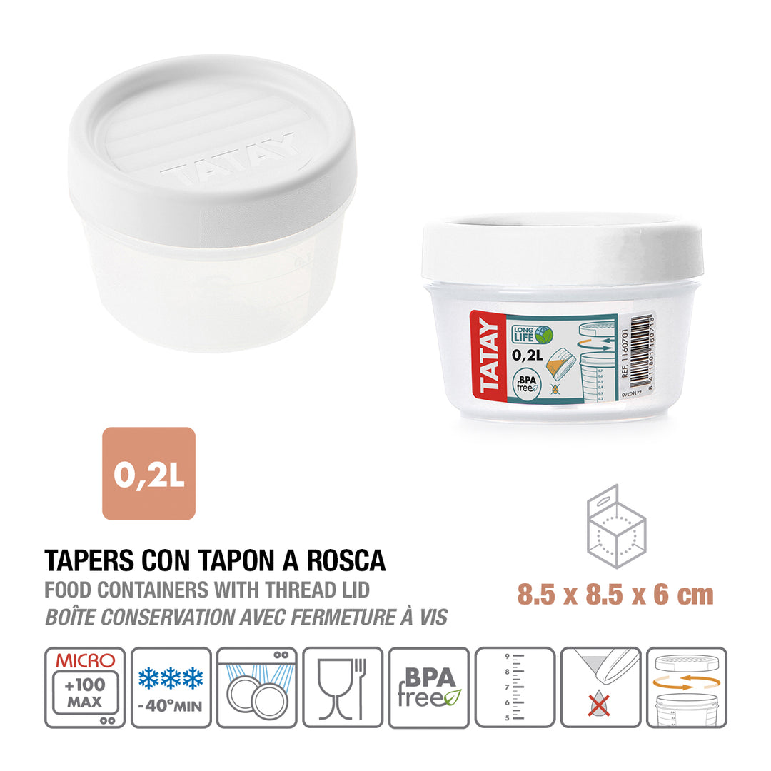 TATAY Twist - Recipiente Redondo de 0.2L con Cierre Hermético a Rosca. Blanco