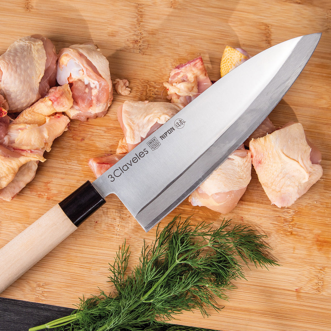 3 Claveles NIPON - Cuchillo Japones Deba 21 cm Acero Inoxidable y Mango Madera de Arce