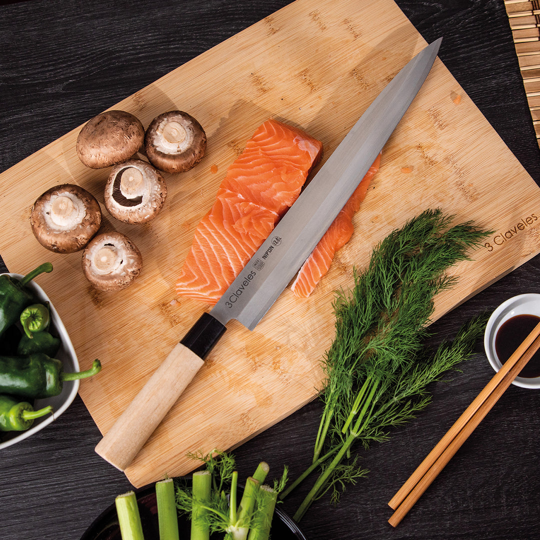 3 Claveles NIPON - Cuchillo Japones Yanagiba 30 cm Acero Inoxidable y Mango Madera de Arce
