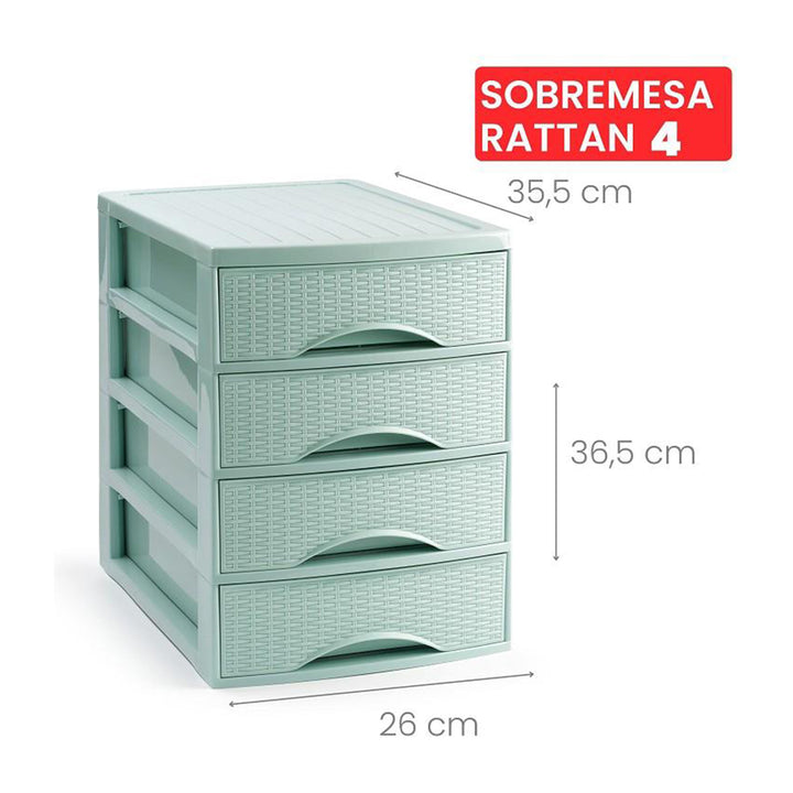 Plastic Forte Rattan - Cajonera de Sobremesa 4 Cajones en Plástico. Verde