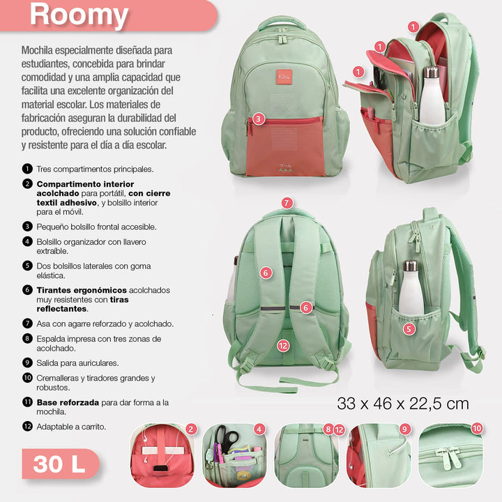 Grafoplás - Mochila Escolar 3 Cremalleras con Divisor para Portátil. Adaptable Carrito. Basket