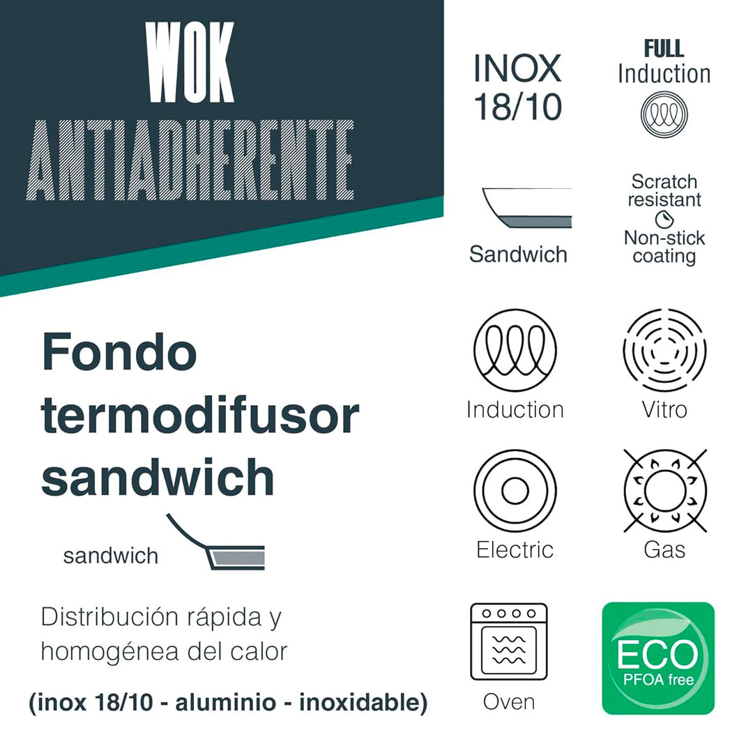 LACOR Foodie - Sartén Wok 28 cm de Acero Inox. y QuanTanium con Fondo Termo Difusor