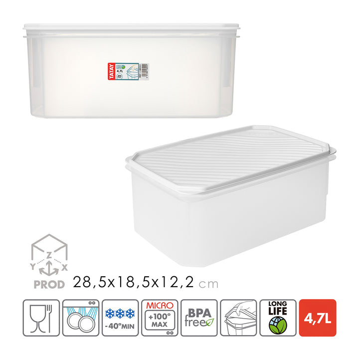 TATAY Top Flex - Recipiente Rectangular Plano 4.7L con Cierre a Presión. Blanco