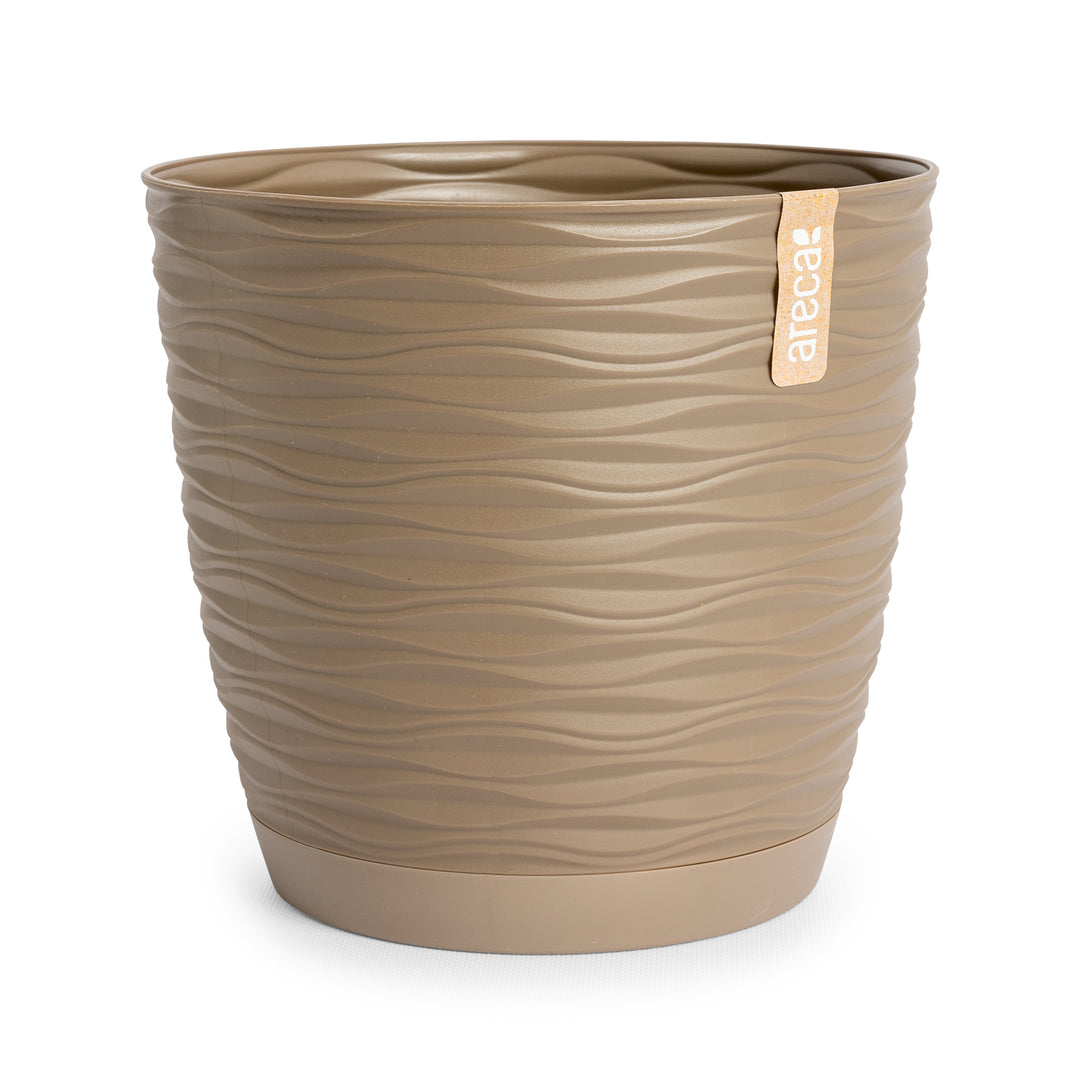 Areca Wind - Set de 4 Macetas Decorativas Redondas 23 cm con Platos Integrados. Taupe