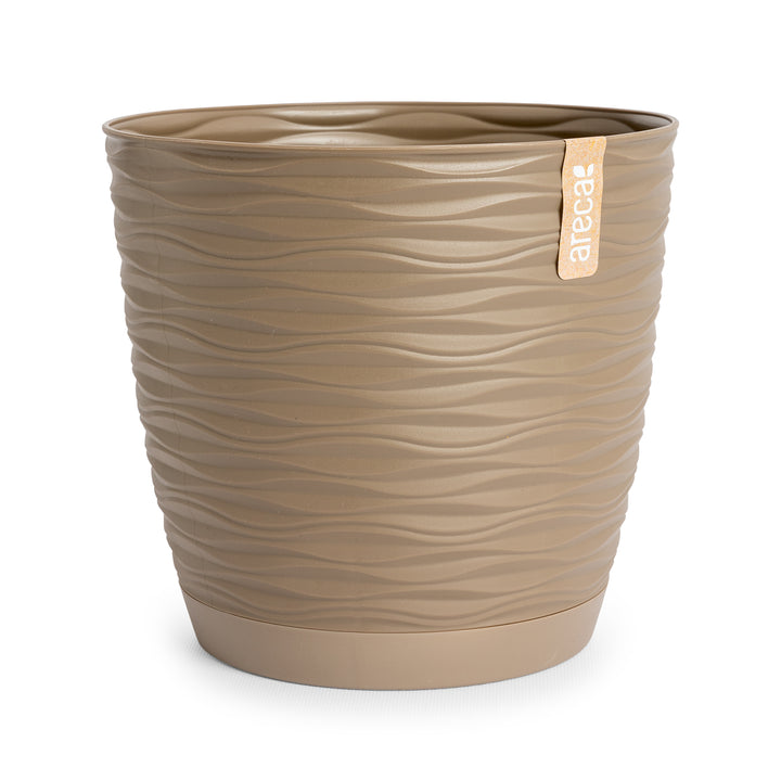 Areca Wind - Set de 4 Macetas Decorativas Redondas 23 cm con Platos Integrados. Taupe