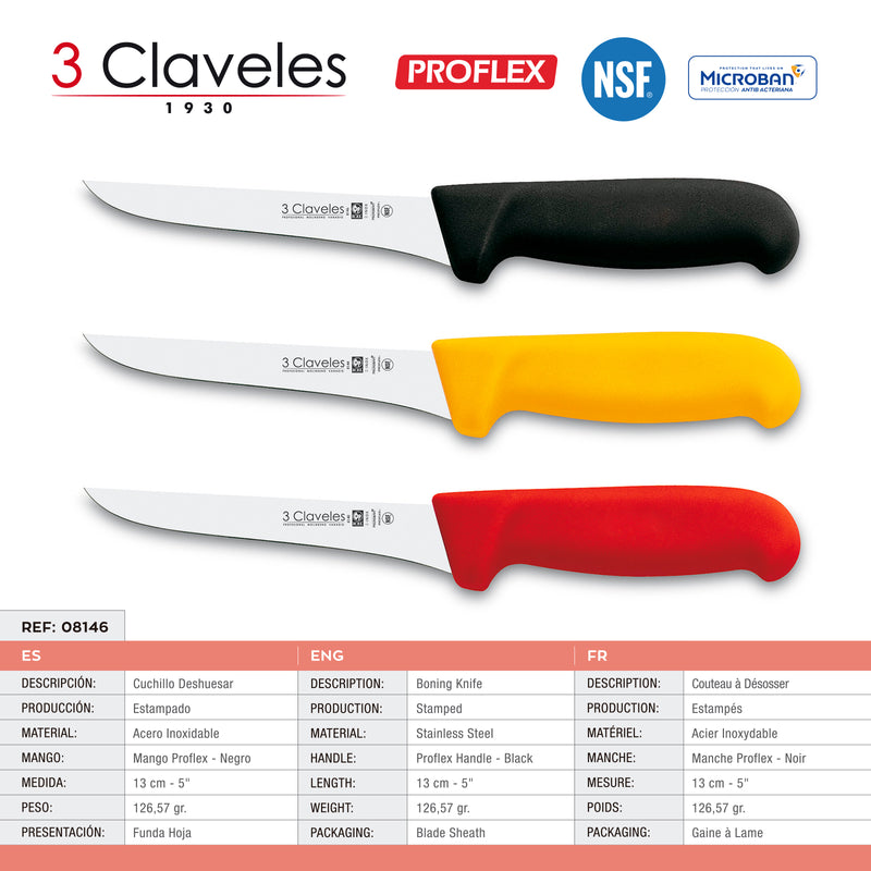 3 Claveles Proflex - Juego de 3 Cuchillos Profesionales Deshuesadores de 13 cm Microban