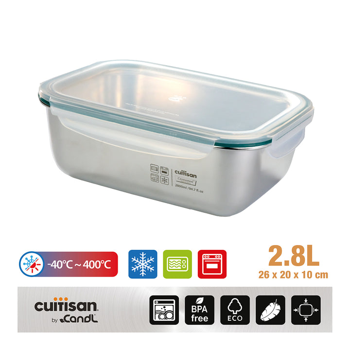 Cuitisan Simple - Recipiente Rectangular de 2.8L en Acero Inoxidable Apto Microondas