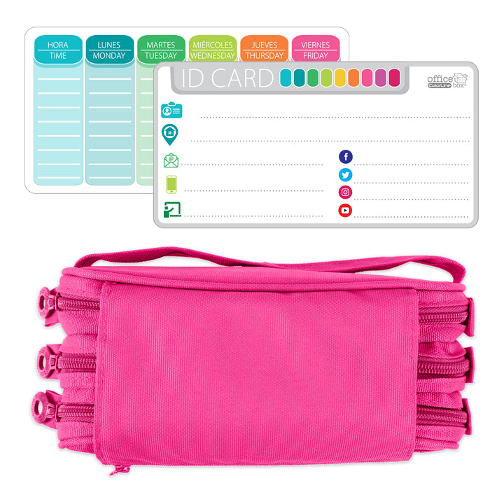 ColePack Eco - Estuche Triple de 3 Cremalleras con Material Escolar Incluido. Fuscia