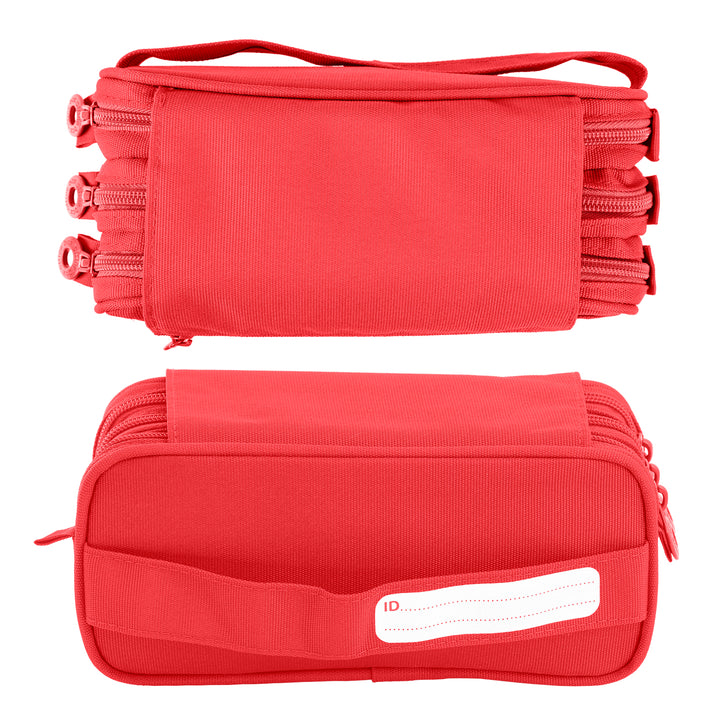 Estuche Escolar Triple Portatodo de Alta Capacidad con Tres Cremalleras. Rojo Coral