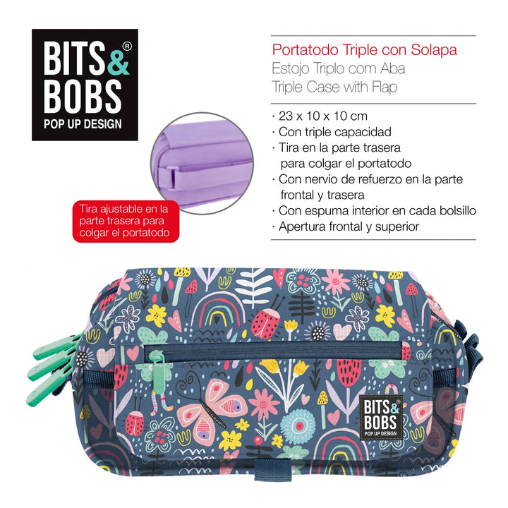 Grafoplás Design - Estuche Portatodo Triple con Solapa para Material Escolar. Botanic