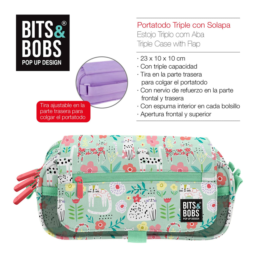 ColePack EcoDes - Estuche Triple de 3 Cremalleras con Material Escolar Incluido. Cats