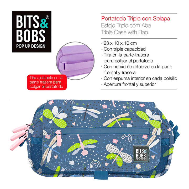 ColePack EcoDes - Estuche Triple de 3 Cremalleras con Material Escolar Incluido. Dragon Fly