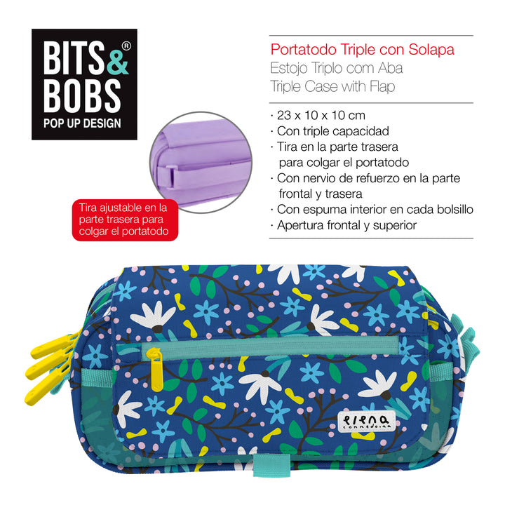 Grafoplás Design - Estuche Portatodo Triple con Solapa para Material Escolar. Blue garden