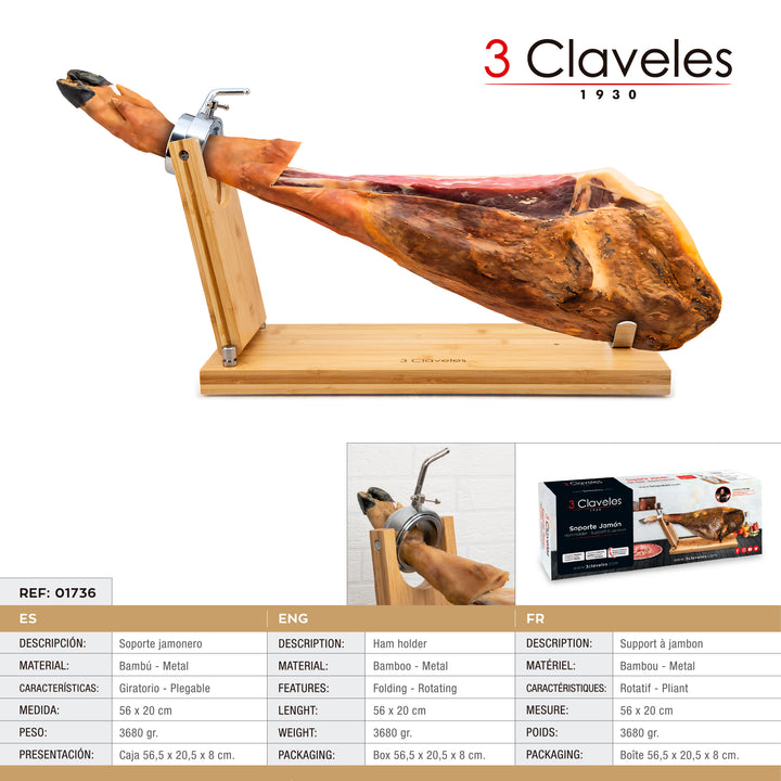 3 Claveles - Kit Soporte Jamonero Plegable en Bambú y Cuchillos Jamoneros con Chaira