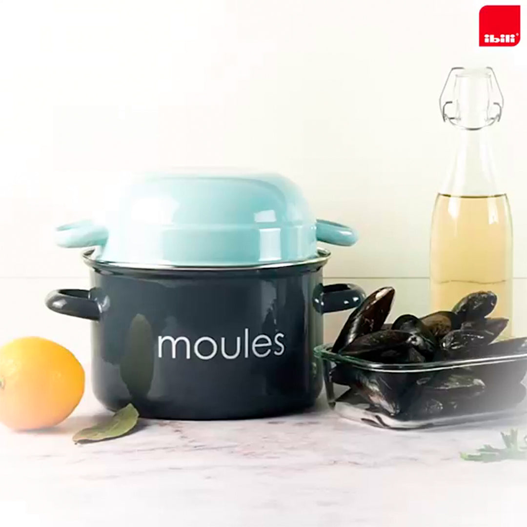 IBILI Moules - Olla de 18 cm para Mejillones en Acero Esmaltado con Tapa Especial. Negro