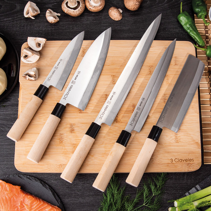 3 Claveles NIPON - Cuchillo Japones Yanagiba 30 cm Acero Inoxidable y Mango Madera de Arce