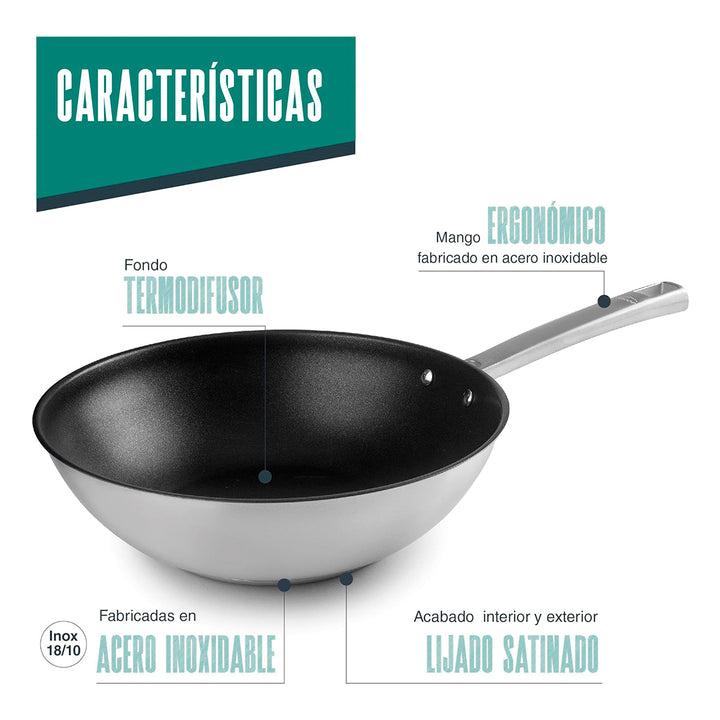 LACOR Foodie - Sartén Wok 28 cm de Acero Inox. y QuanTanium con Fondo Termo Difusor