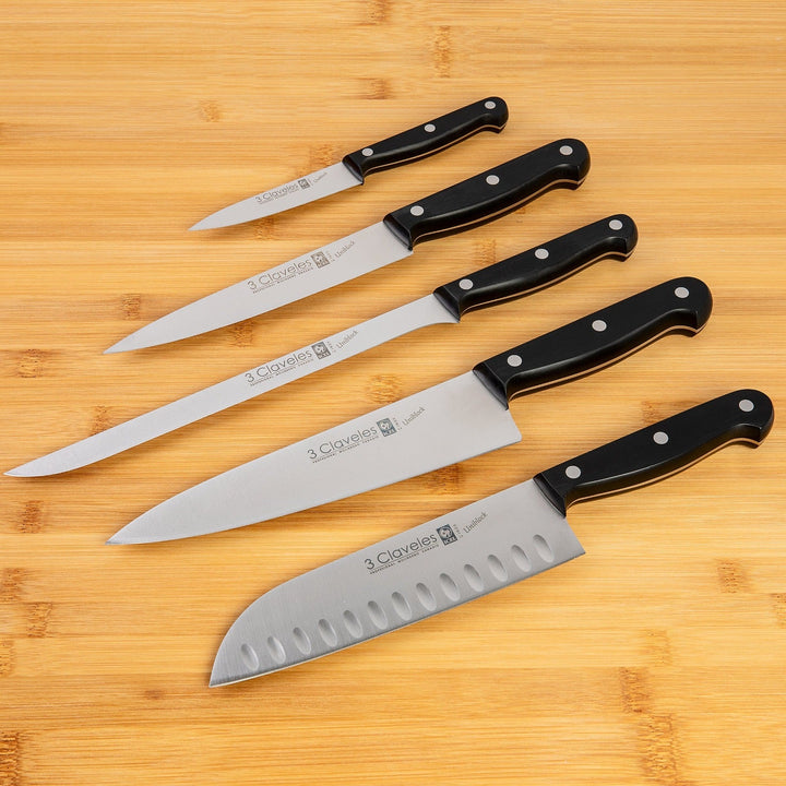 3 Claveles Uniblock - Cuchillo Santoku Alveolado Profesional 18 cm Acero Inoxidable. Mango POM