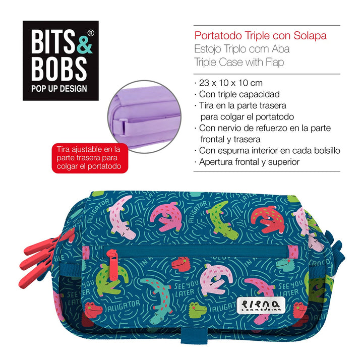 Grafoplás Design - Estuche Portatodo Triple con Solapa para Material Escolar. Alligator