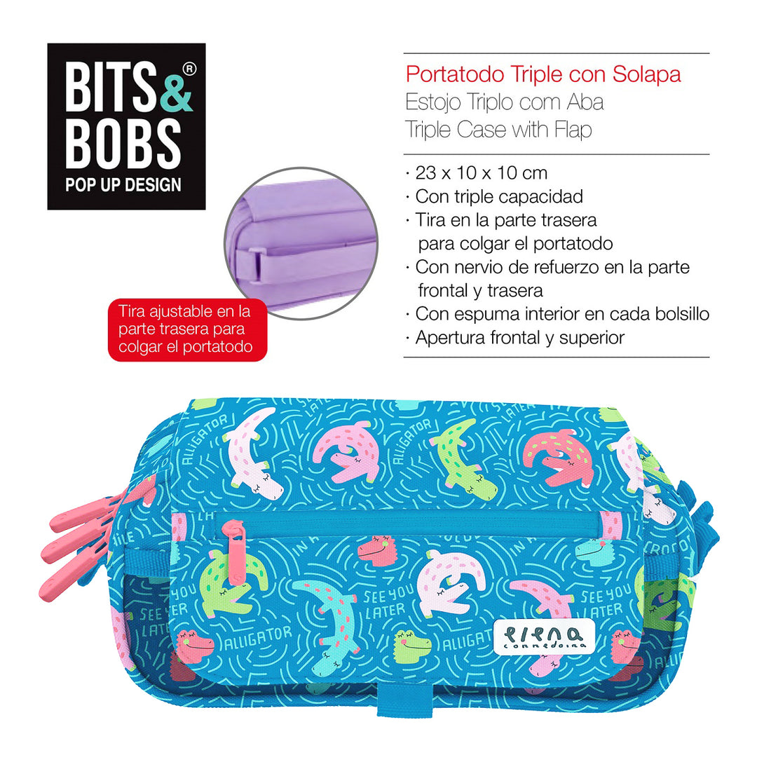 ColePack EcoDes - Estuche Triple de 3 Cremalleras con Material Escolar Incluido. Alligator