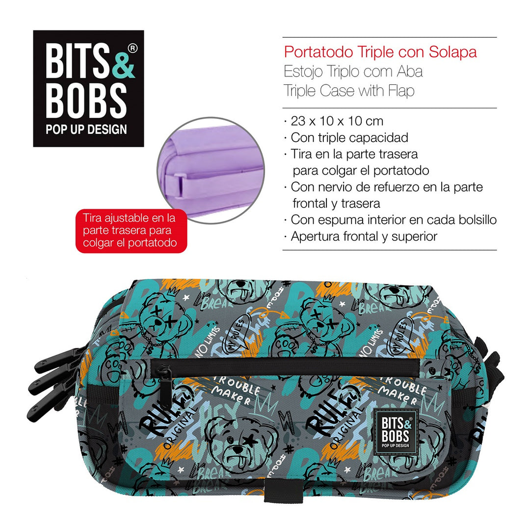 Grafoplás Design - Estuche Portatodo Triple con Solapa para Material Escolar. Bear