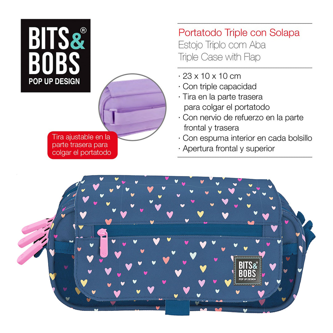 ColePack EcoDes - Estuche Triple de 3 Cremalleras con Material Escolar Incluido. Hearts