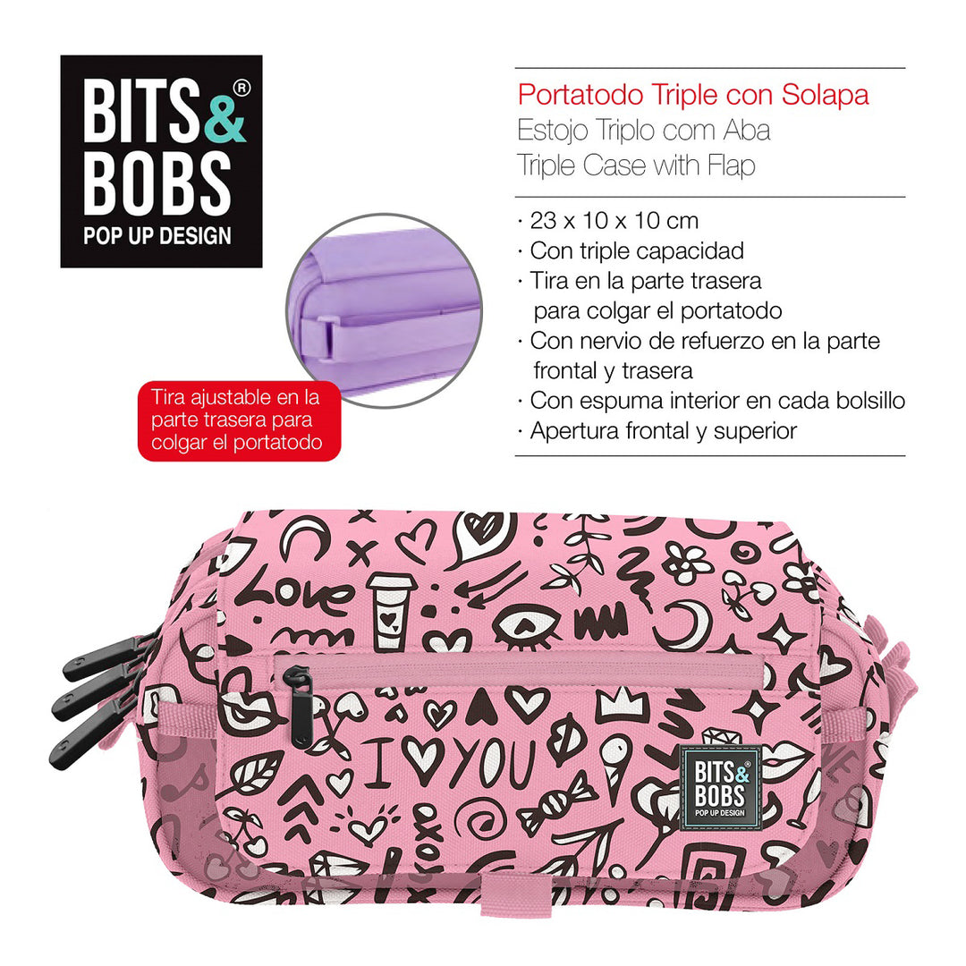 ColePack EcoDes - Estuche Triple de 3 Cremalleras con Material Escolar Incluido. I Love You
