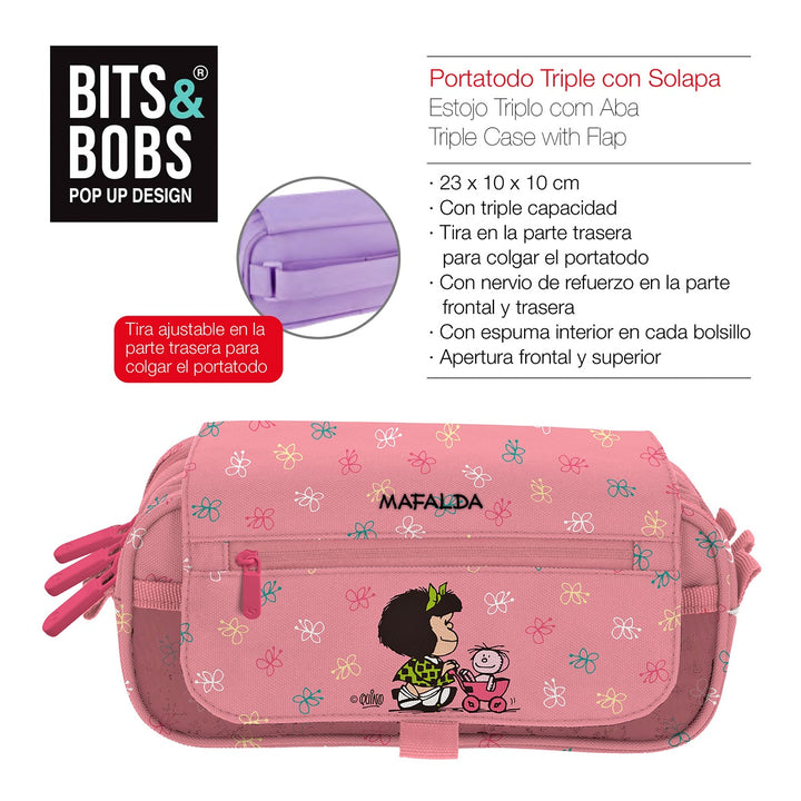 Grafoplás Design - Estuche Portatodo Triple con Solapa para Material Escolar. Mafalda Cart