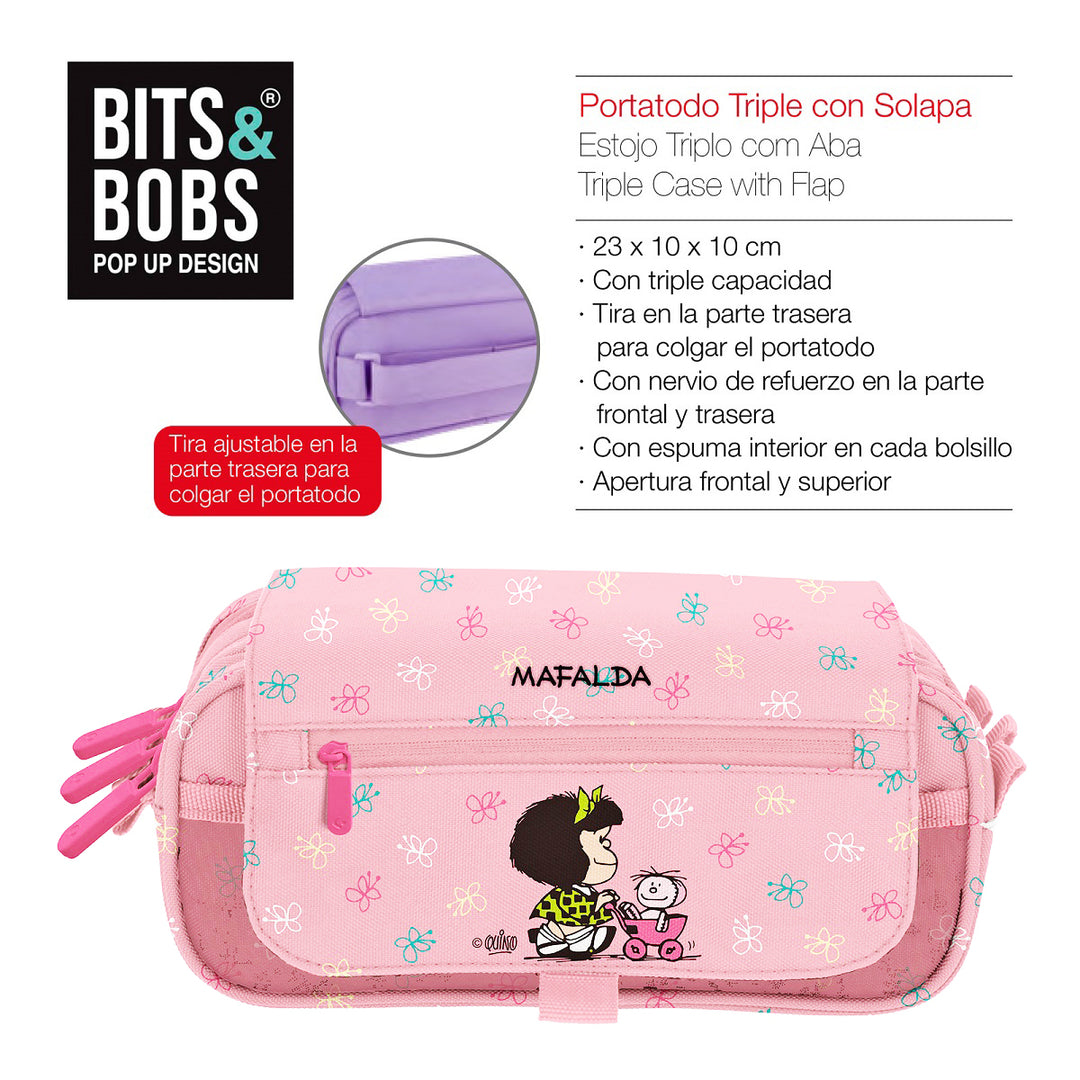 ColePack Design - Estuche Triple de 3 Cremalleras con Material Escolar Incluido. Mafalda Baby Cart