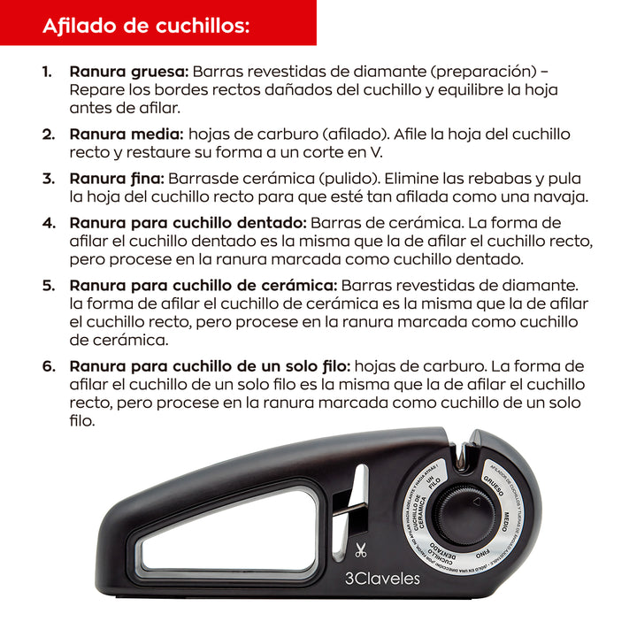 3 Claveles - Afilador Cuchillos y Tijeras de 7 Pasos Ergonómico. Diamante, Carburo y Cerámica