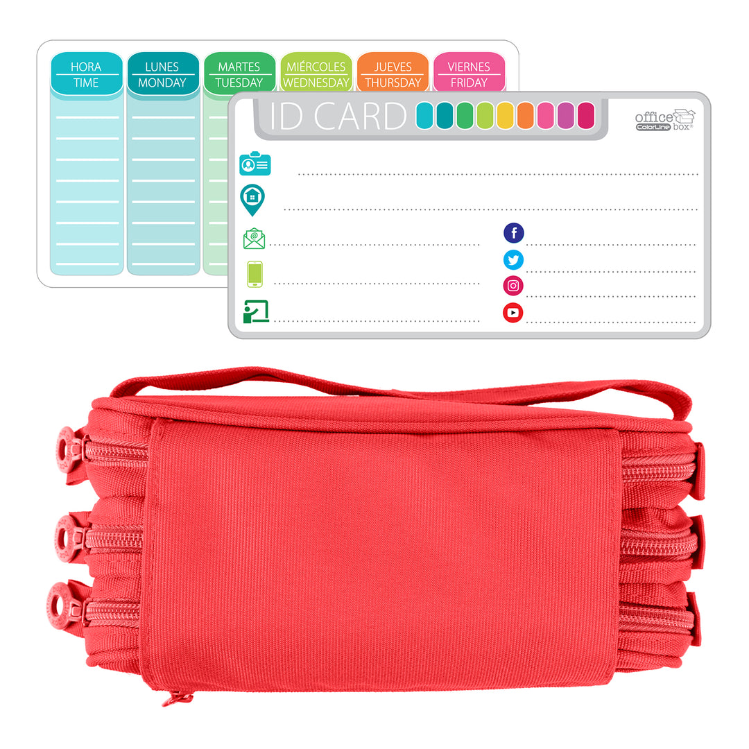 Estuche Escolar Triple Portatodo de Alta Capacidad con Tres Cremalleras. Rojo Coral