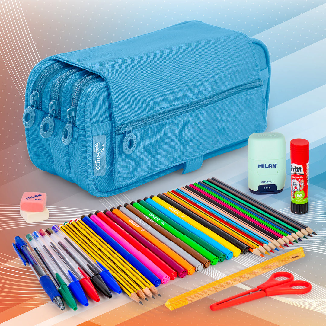 ColePack Pro - Estuche Triple de 3 Cremalleras con Material Escolar Incluido. Azul Claro