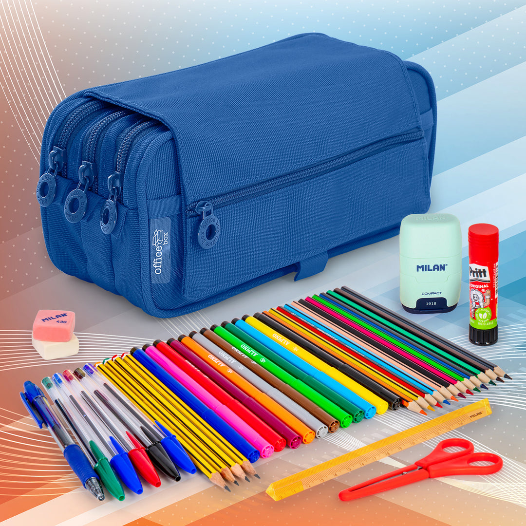 ColePack Pro - Estuche Triple de 3 Cremalleras con Material Escolar Incluido. Azul Oscuro