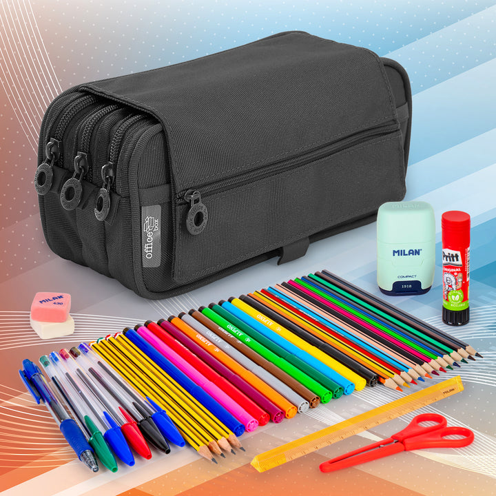 ColePack Pro - Estuche Triple de 3 Cremalleras con Material Escolar Incluido. Negro