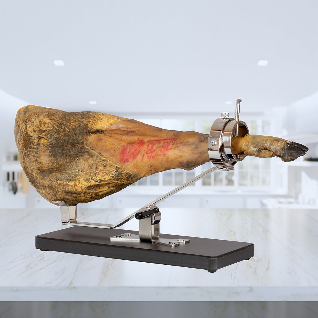 BELLO Teide - Soporte Jamonero Basculante en Fibra Negra y Acero Inoxidable con Cubrejamón