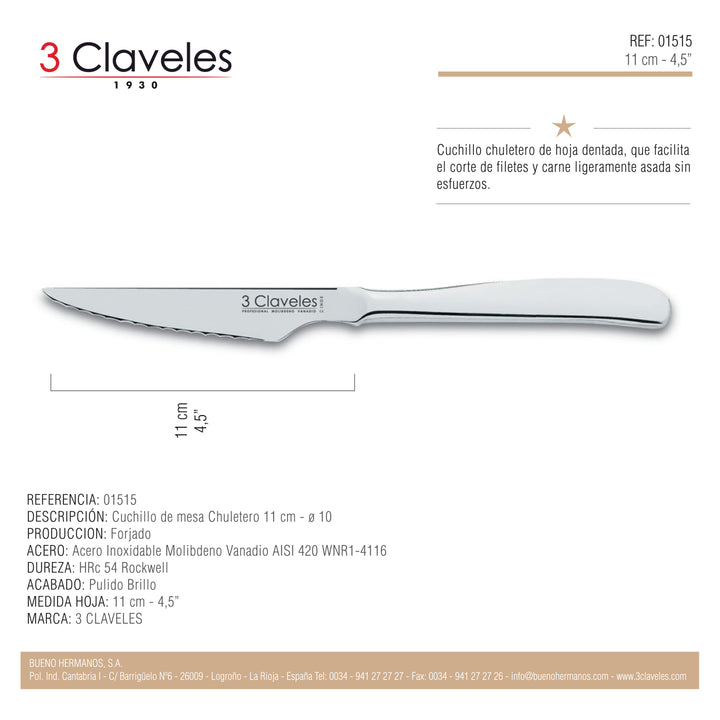 3 Claveles 01515 - Cuchillo Chuletero de Mesa de 11 cm. en Acero Inoxidable AISI 420