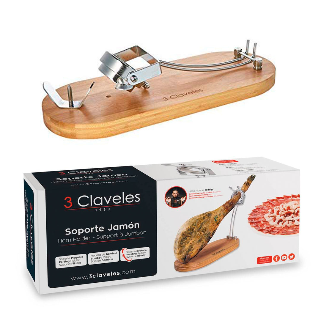 3 Claveles - Set Soporte Jamonero Plegable en Bambú y Cuchillos Jamoneros con Chaira