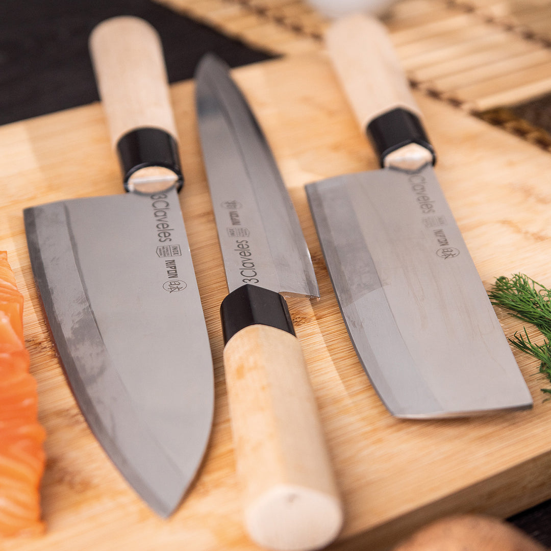 3 Claveles NIPON - Cuchillo Japones Yanagiba 30 cm Acero Inoxidable y Mango Madera de Arce