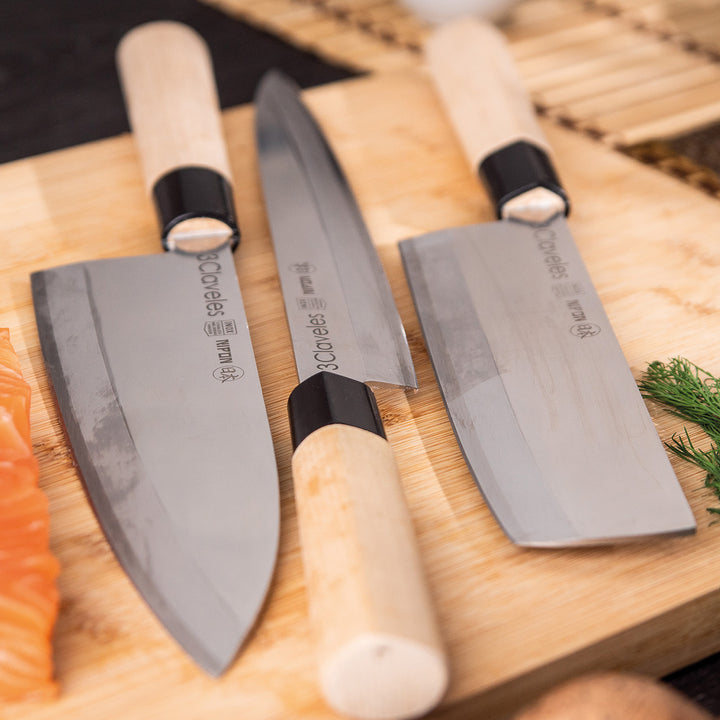 3 Claveles NIPON - Cuchillo Japones Yanagiba 30 cm Acero Inoxidable y Mango Madera de Arce