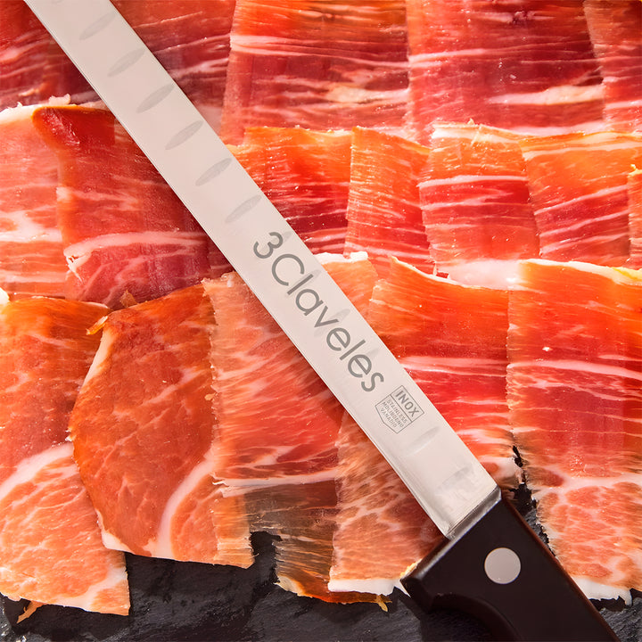 3 Claveles POM - Cuchillo Jamonero Alveolado Profesional Estrecho 29 cm Acero Inoxidable