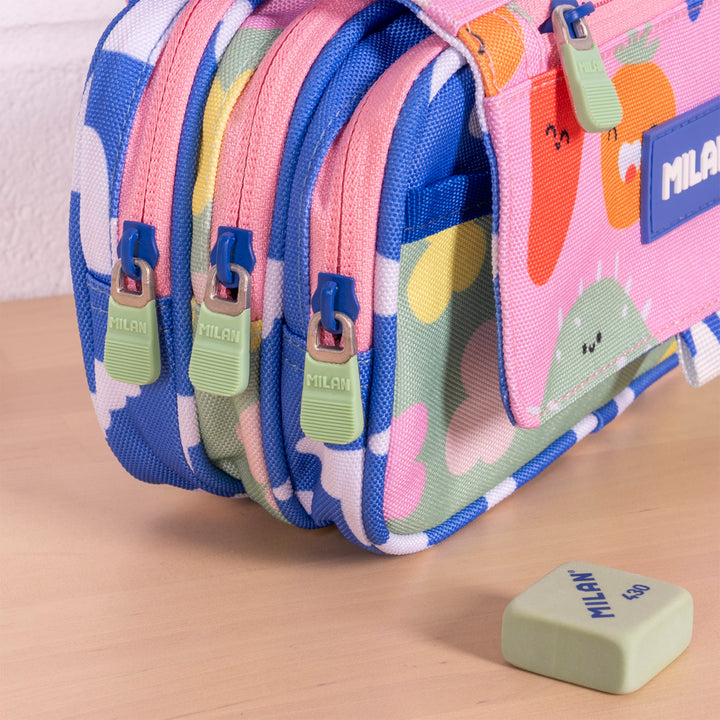 Milan Green Grow - Estuche Portatodo Triple con Cuatro Cremalleras para Material Escolar