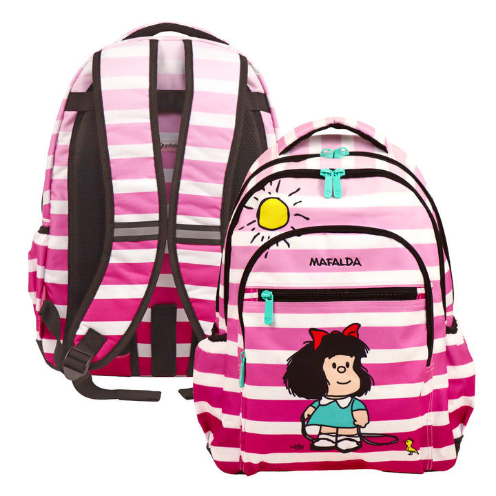 Grafoplás Mafalda - Mochila Escolar 3 Cremalleras con Divisor para Portátil. Adaptable Carrito. Viñetas