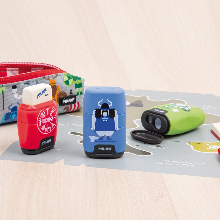 MILAN Vikings - Afilaborra Compact. Combinación de Goma y Sacapuntas Doble Rojo