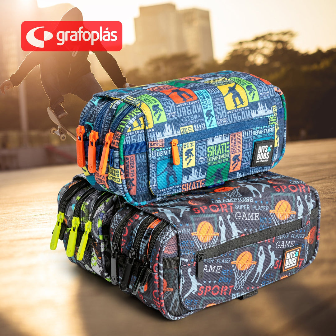 ColePack Design - Estuche Triple de 3 Cremalleras con Material Escolar Incluido. Skate