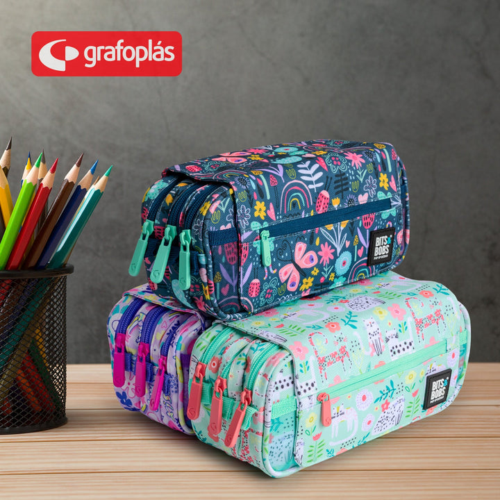 ColePack Design - Estuche Triple de 3 Cremalleras con Material Escolar Incluido. Botanic